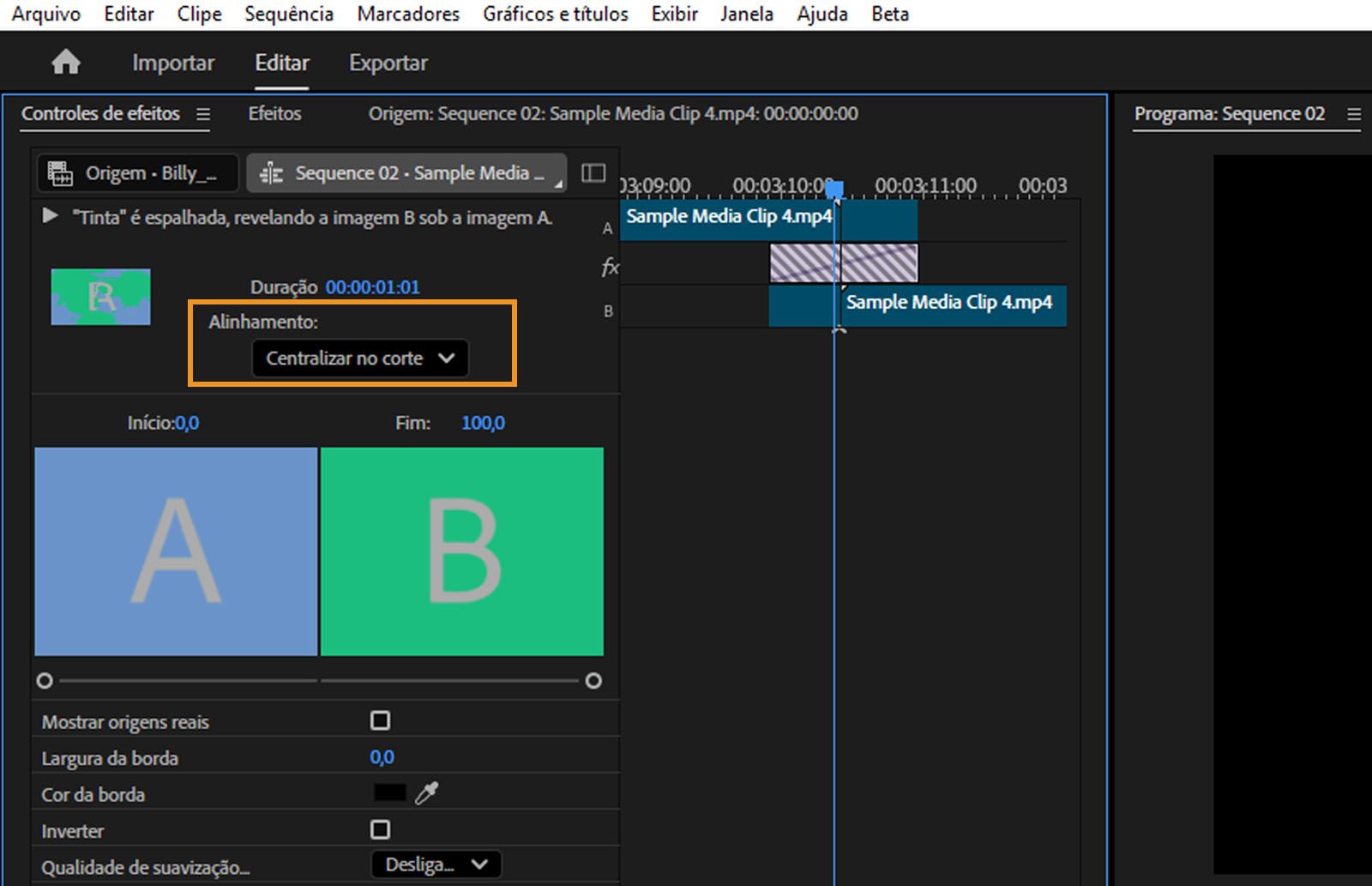 O painel Controles de efeitos está aberto, e o menu suspenso Alinhamento para a transição está destacado, mostrando a configuração atual como Centro no corte.