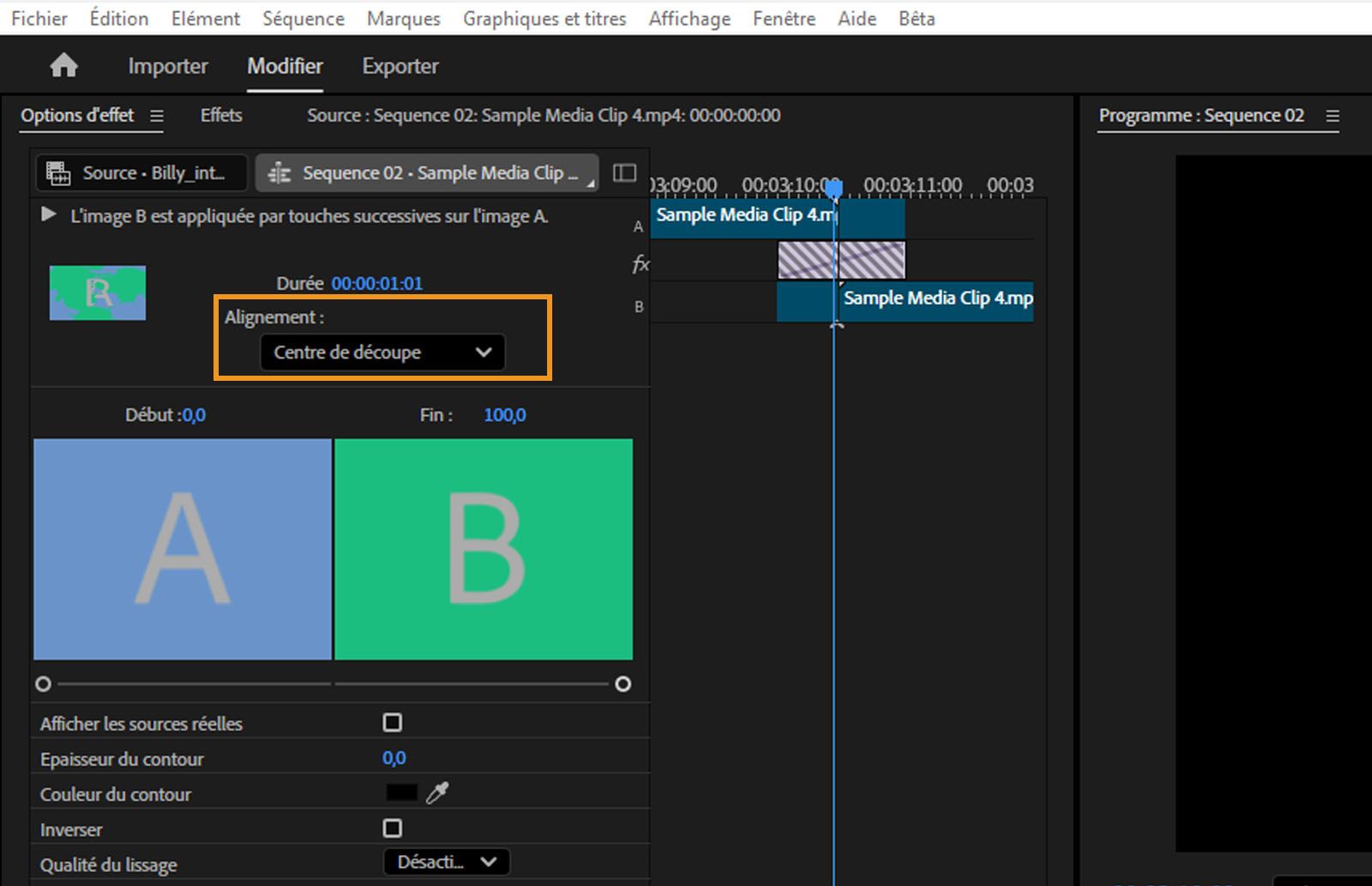 Le panneau Option d’effet est ouvert, et le menu déroulant Alignement pour la transition est mis en surbrillance, montrant le paramètre actuel comme Centre de découpe.