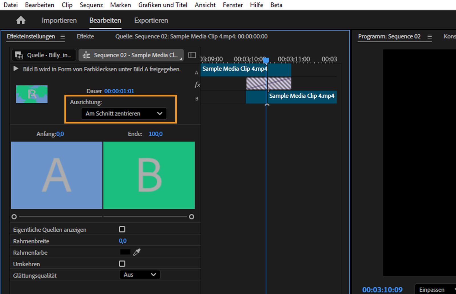Im Bedienfeld „Effekteinstellungen“ ist das Dropdown-Menü „Ausrichtung“ hervorgehoben.