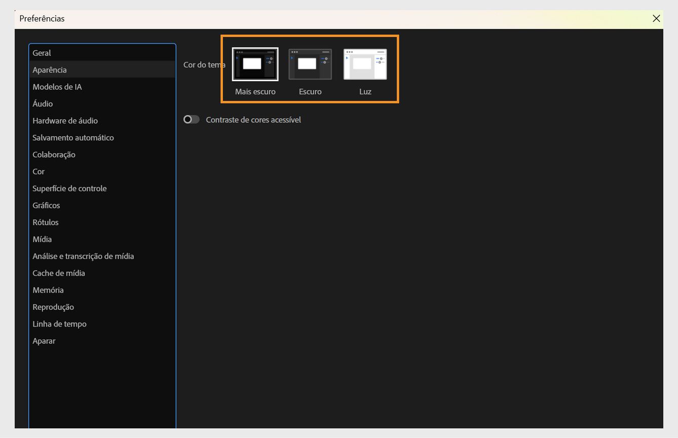 A caixa de diálogo Preferências é aberta e o painel Aparência exibe opções para alterar o tema e o contraste de cores.