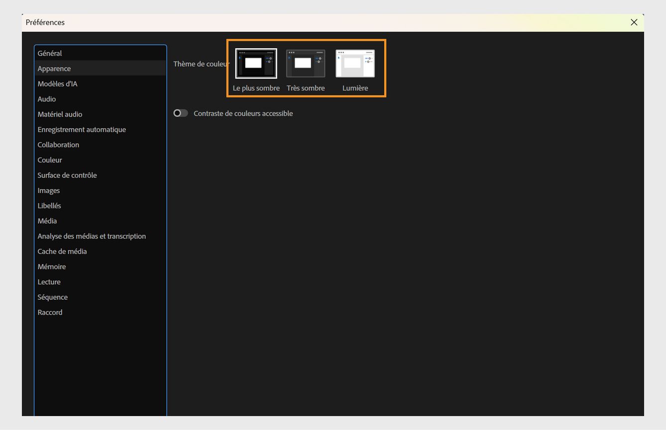 La boîte de dialogue Préférences est ouverte et le panneau Apparence affiche les options pour modifier le thème de couleur et le contraste des couleurs.