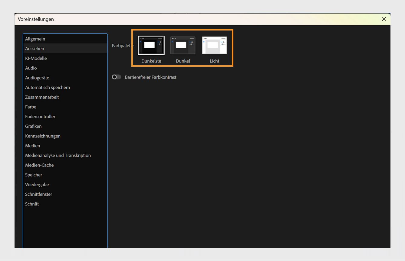 Das Dialogfeld „Voreinstellungen“ ist geöffnet und das Bedienfeld „Aussehen“ zeigt Optionen zum Ändern des Farbschemas und des Farbkontrasts an.