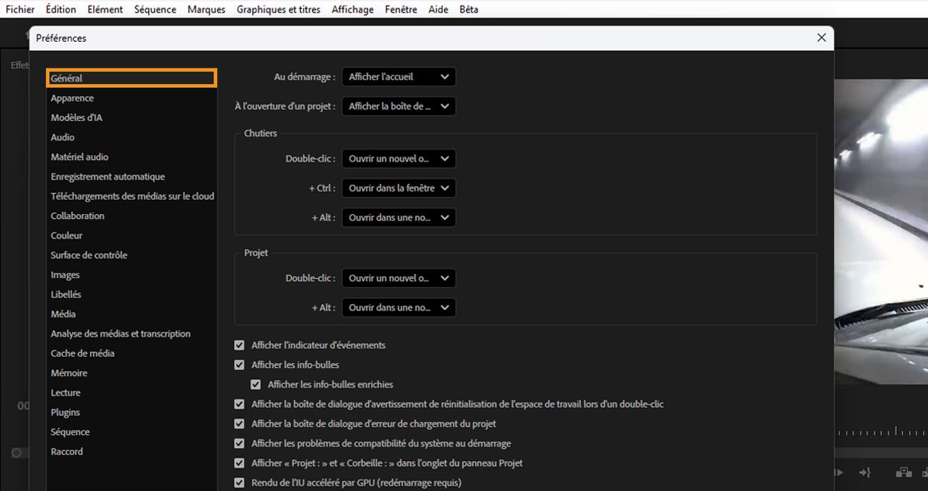 La boîte de dialogue Préférences est ouverte et l'option Général est mise en surbrillance.Dans le panneau Général, il existe plusieurs paramètres pouvant être ajustés, notamment ceux dédiés aux chutiers.