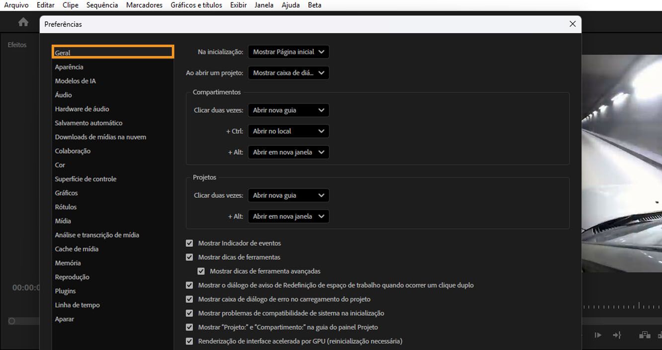 A caixa de diálogo Configurações está aberta e a opção Geral está destacada.No painel Geral, há várias configurações para ajustar, incluindo algumas dedicadas aos compartimentos.
