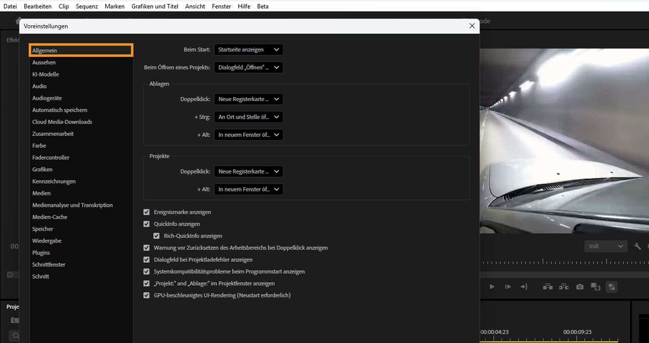 Das Dialogfeld „Voreinstellungen“ ist geöffnet und die Option „Allgemein“ ist hervorgehoben.Im Bedienfeld „Allgemein“ gibt es mehrere Einstellungen, die angepasst werden können, einschließlich solcher, die sich auf Ablagen beziehen.