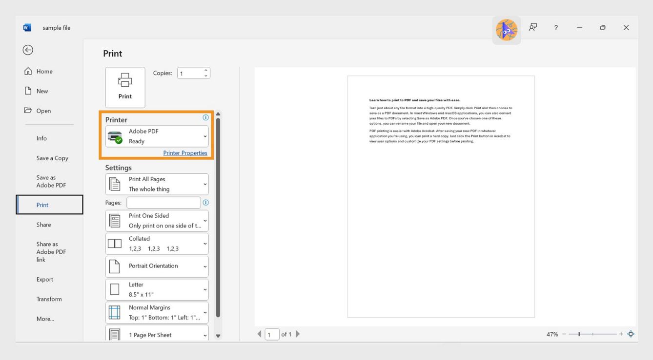 Im Druckdialogfeld ist Adobe PDF zusammen mit anderen Optionen wie „Alle Seiten drucken“, „US-Letter“ und vielen weiteren hervorgehoben.