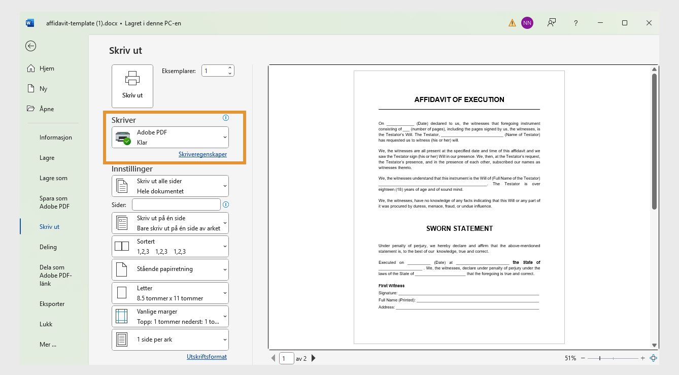I utskriftsdialogboksen er Adobe PDF uthevet sammen med andre alternativer som «Skriv ut alle sider», «Brev» og mange flere.