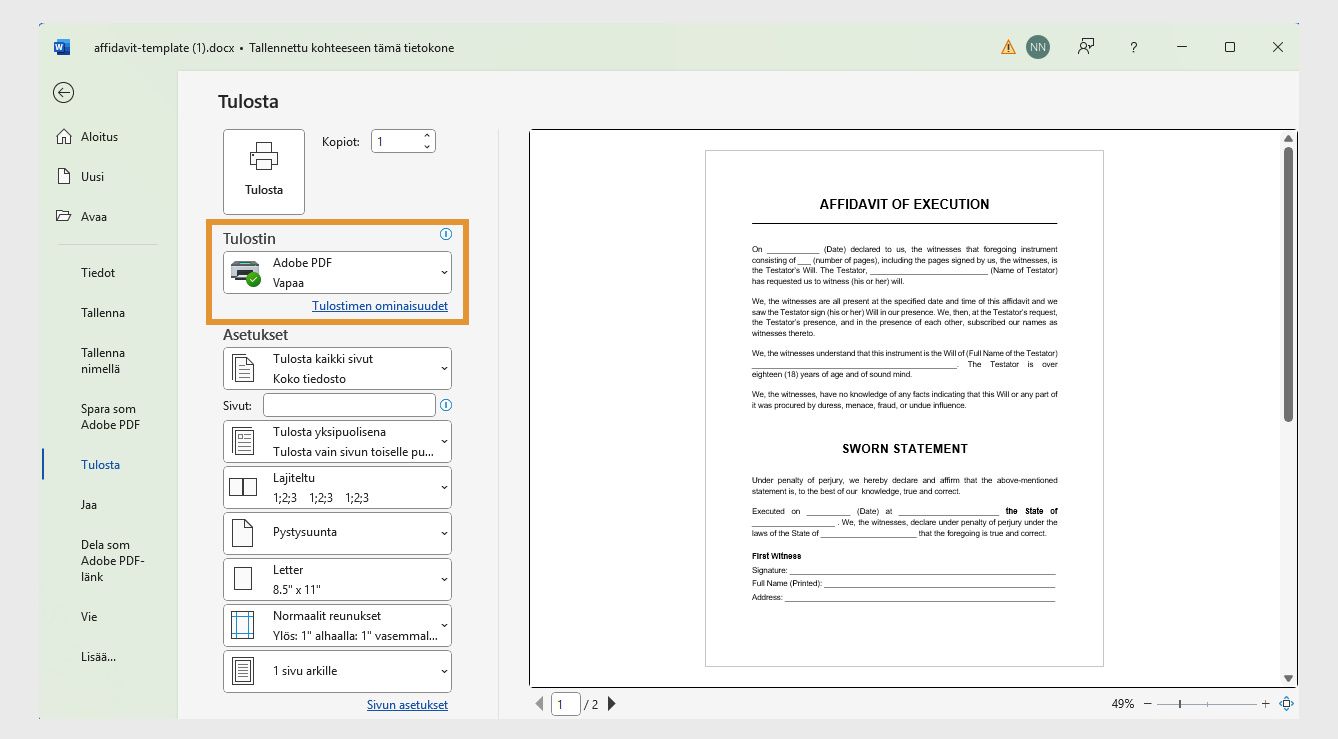 Tulosta-valintaikkunassa Adobe PDF on korostettu muiden vaihtoehtojen, kuten Tulosta kaikki sivut, Letter ja monien muiden, ohella.