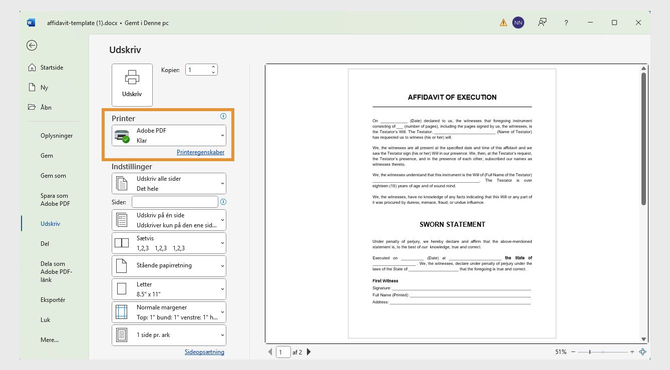 I dialogboksen Udskriv er Adobe PDF fremhævet sammen med andre indstillinger som Udskriv alle sider, Brev og mange flere.