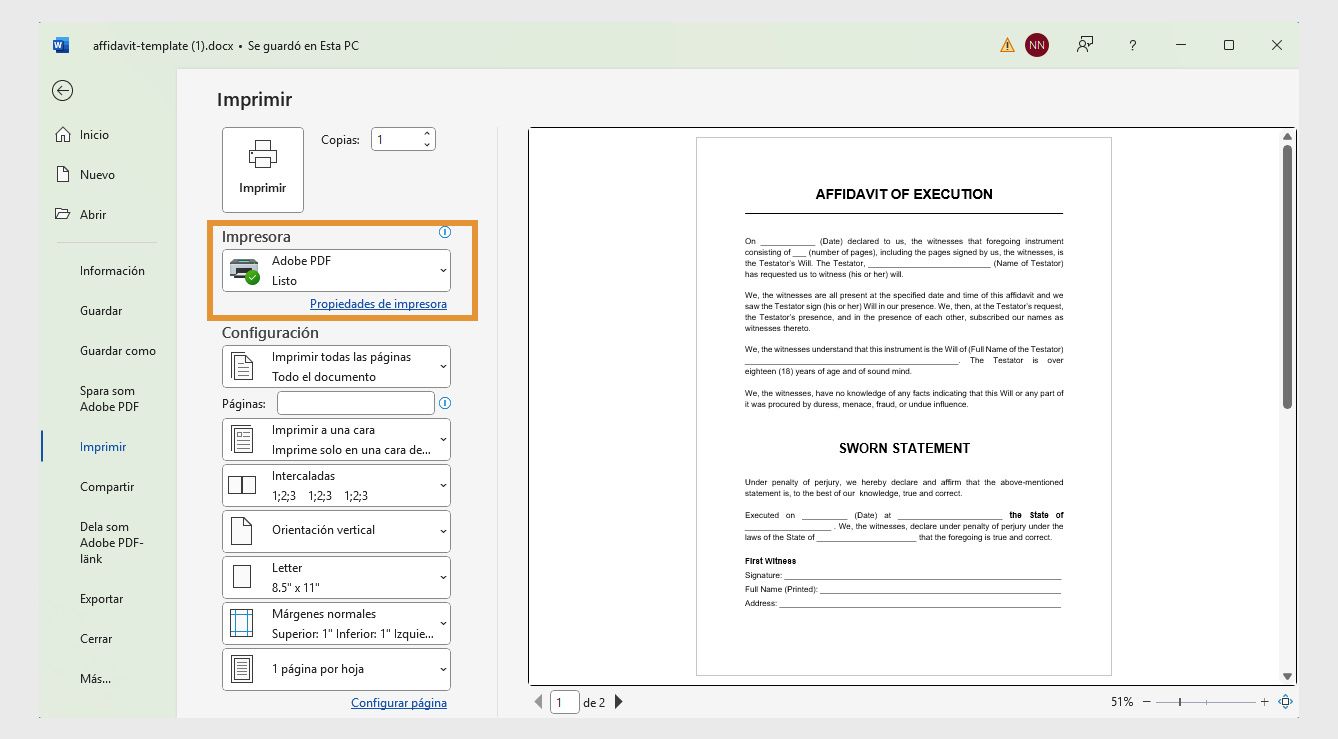 En el cuadro de diálogo Imprimir, Adobe PDF aparece resaltado junto con otras opciones como Imprimir todas las páginas, Carta y muchas más.