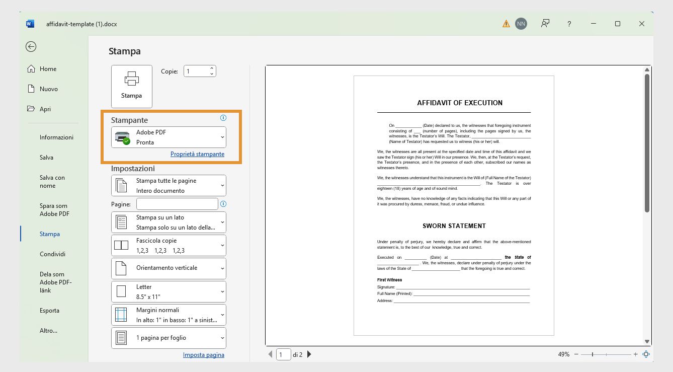 Nella finestra di dialogo Stampa, Adobe PDF è evidenziato insieme ad altre opzioni come Stampa tutte le pagine, Lettera e molte altre.