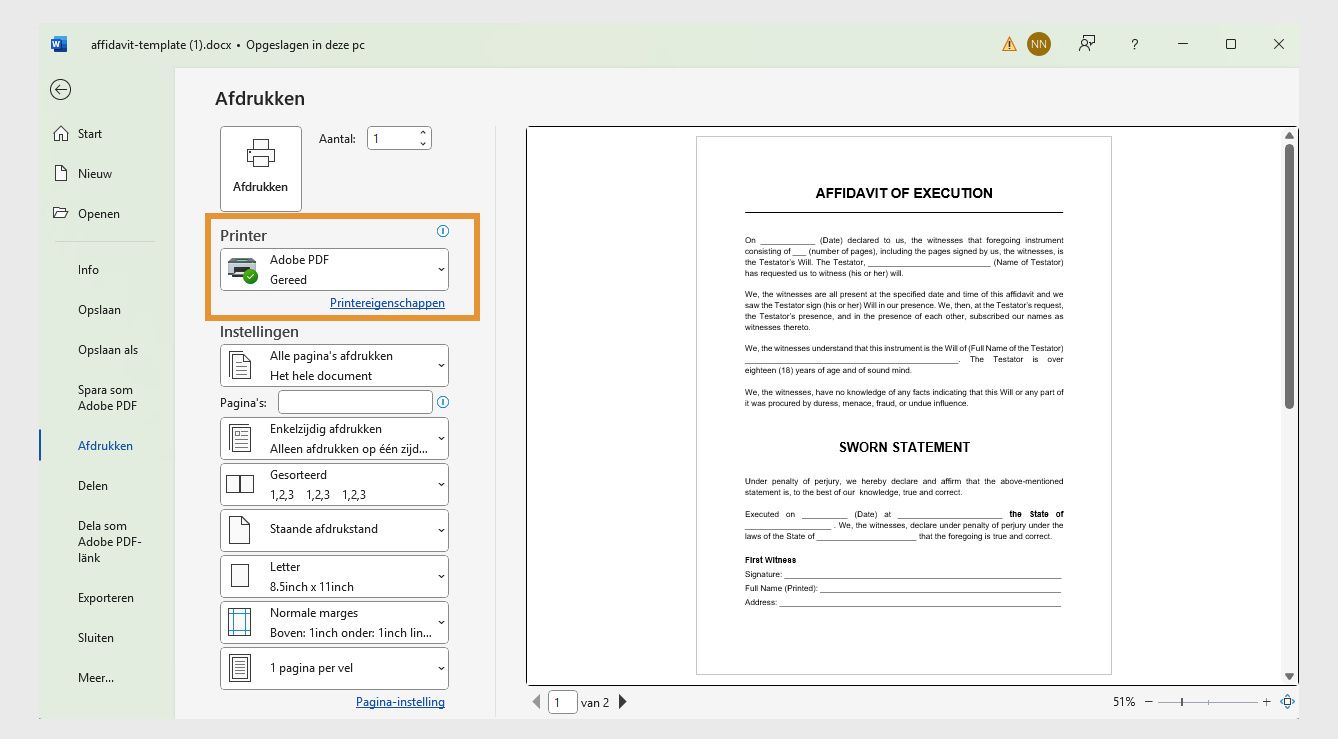 In het dialoogvenster Afdrukken wordt Adobe PDF gemarkeerd, samen met andere opties zoals Alle pagina's afdrukken, Brief en nog veel meer.