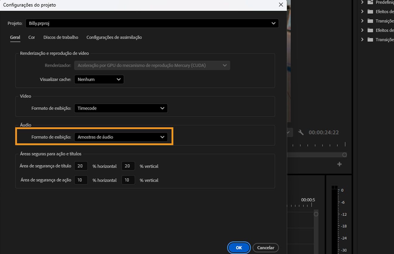 Na caixa de diálogo Configurações do projeto, a opção Formato de exibição está destacada em Áudio.