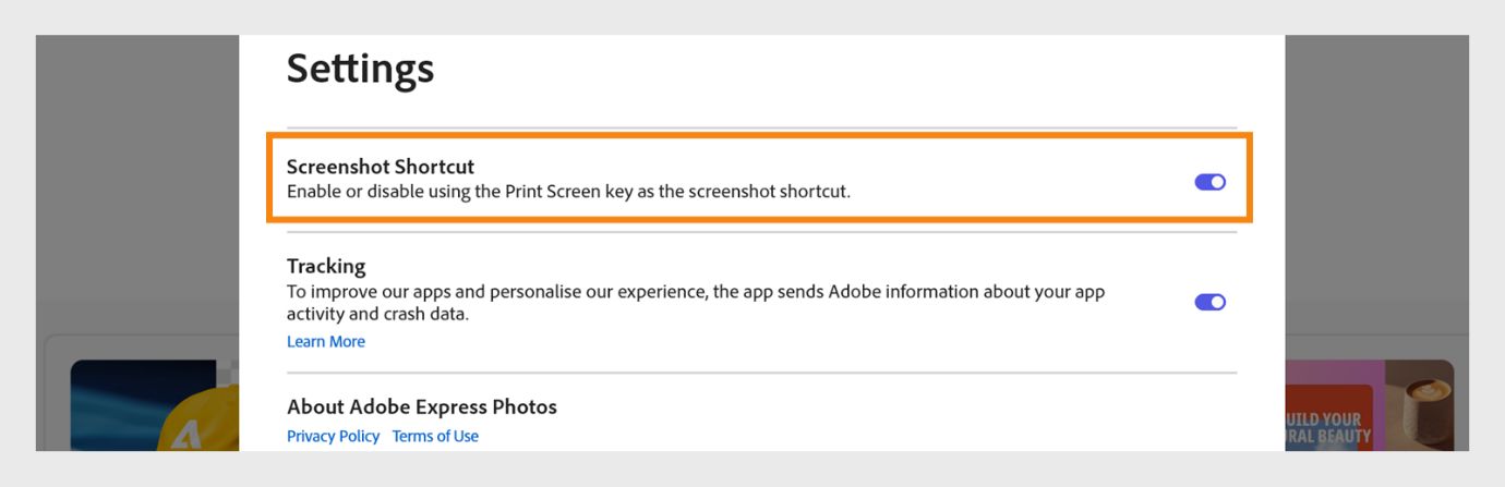 I dialogrutan Inställningar skjuter du på växlingsknappen för Skärmdumpsgenväg, som finns ovanför växlingsknappen för Spårning, för att stänga av den.
