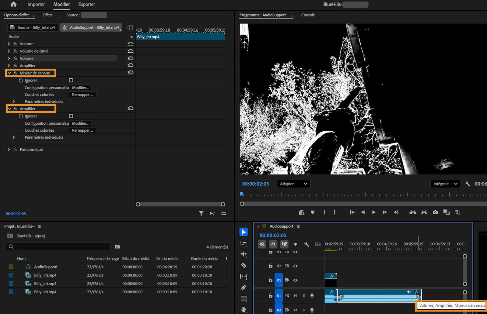 Dans le panneau Chronologie, un clip sélectionné affiche ses effets appliqués.Dans le panneau Options d’effet, Mixeur de couches et Amplifier sont mis en surbrillance pour être supprimés.