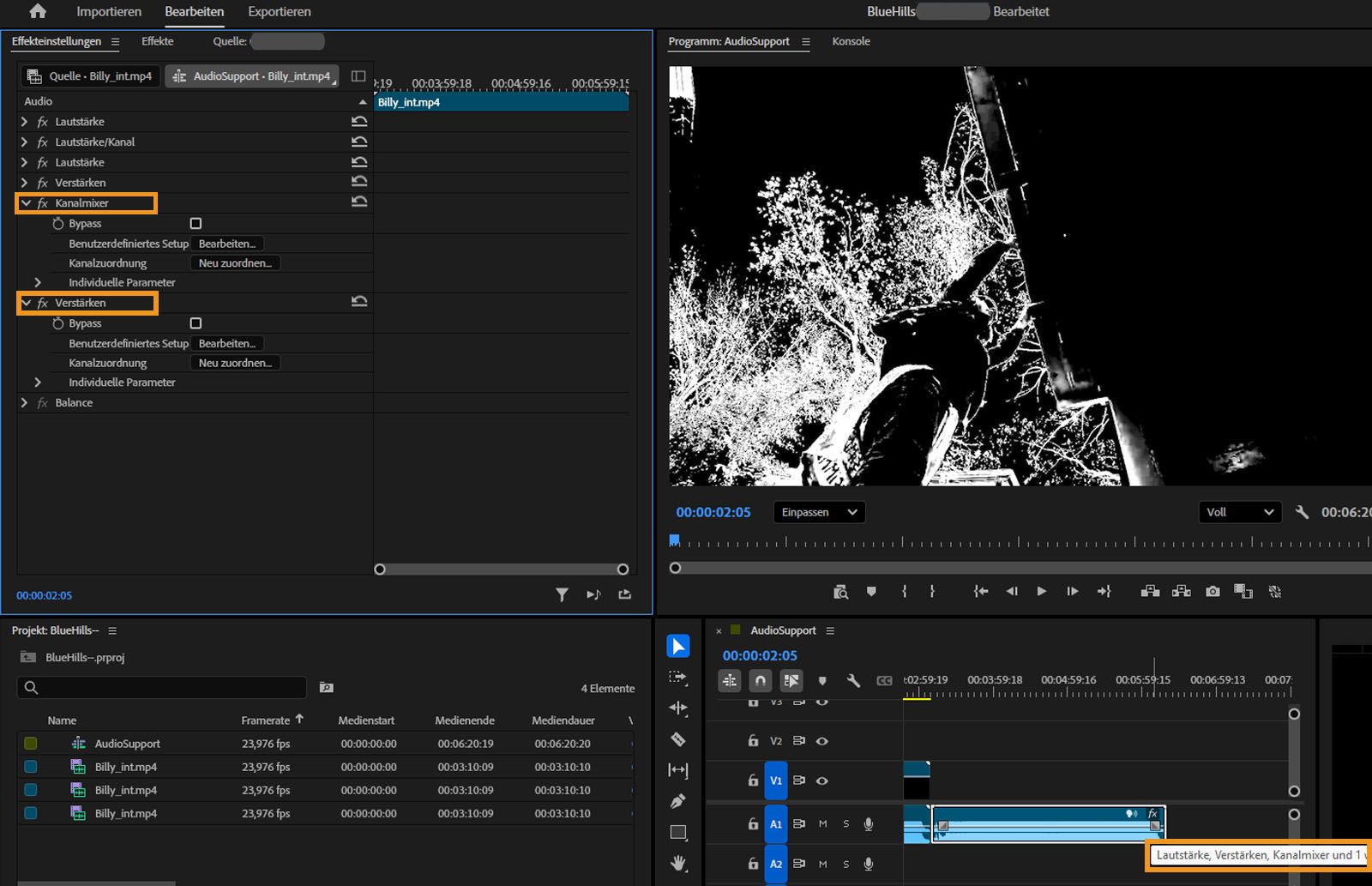 Im Bedienfeld „Schnittfenster“ wird ein ausgewählter Clip mit angewendeten Effekten angezeigt.Im Bedienfeld „Effekteinstellungen“ sind „Kanalmixer“ und „Verstärken“ zum Entfernen hervorgehoben.