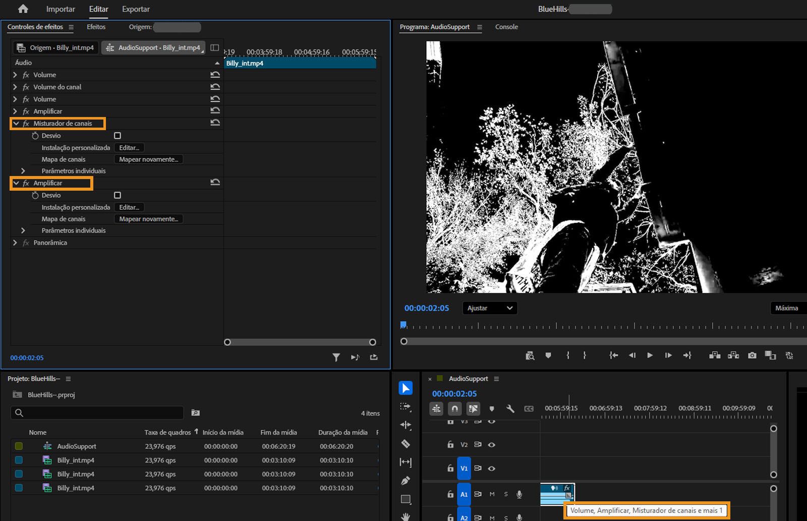 No painel Linha do tempo, o clipe selecionado exibe seus efeitos aplicados.No Painel Controles de efeitos, o Misturador de canais e o Amplificar são destacados para remoção.