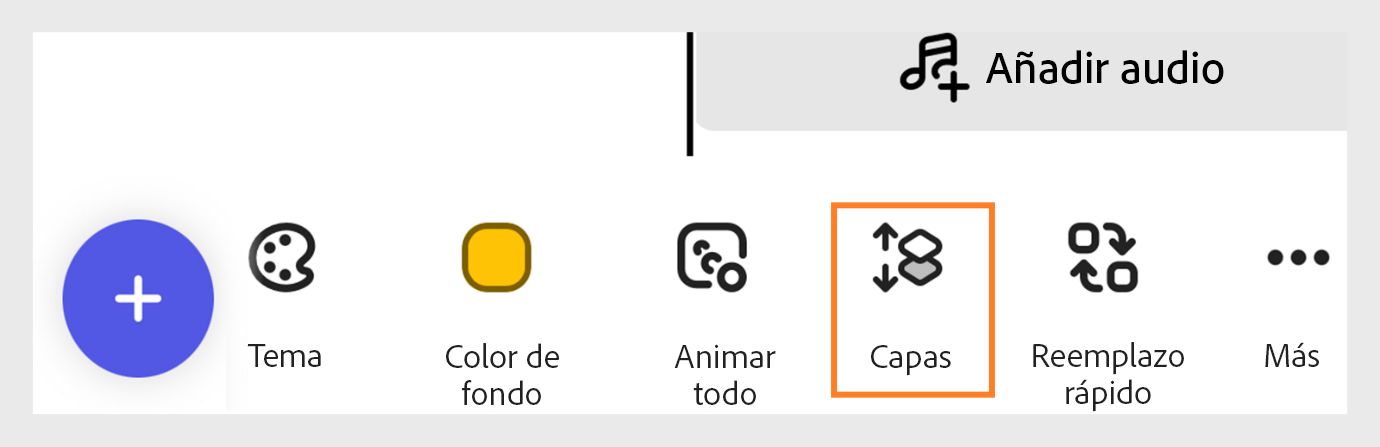 En el panel de la parte inferior, selecciona el icono Capas junto al icono Animar todo para mostrar la capa seleccionada. 