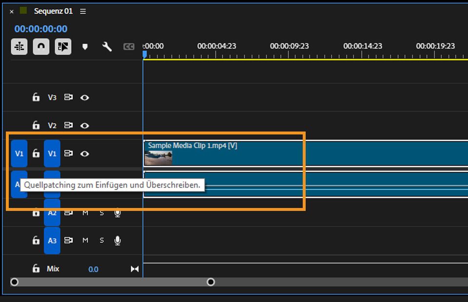 Die Spuren V1 und A1 sind im Schnittfenster für die Zielführung ausgewählt, und dies ist eine Option, um die Zielführung für die ausgewählte Spur ein- oder auszuschalten.