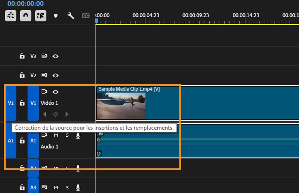 Les pistes V1 et A1 sont sélectionnées dans le panneau Montage pour le ciblage de piste et c’est une option pour activer/désactiver le ciblage de piste pour la piste sélectionnée.