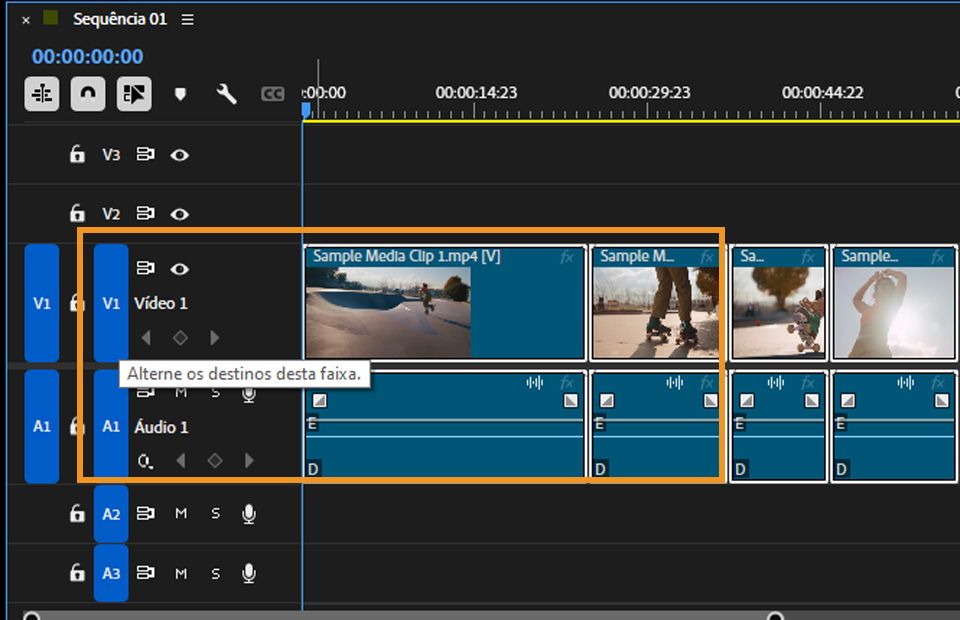 As faixas V1 e A1 são selecionadas no painel Linha do Tempo para direcionamento de faixa e esta é uma opção para alternar o direcionamento de faixa para a faixa selecionada.