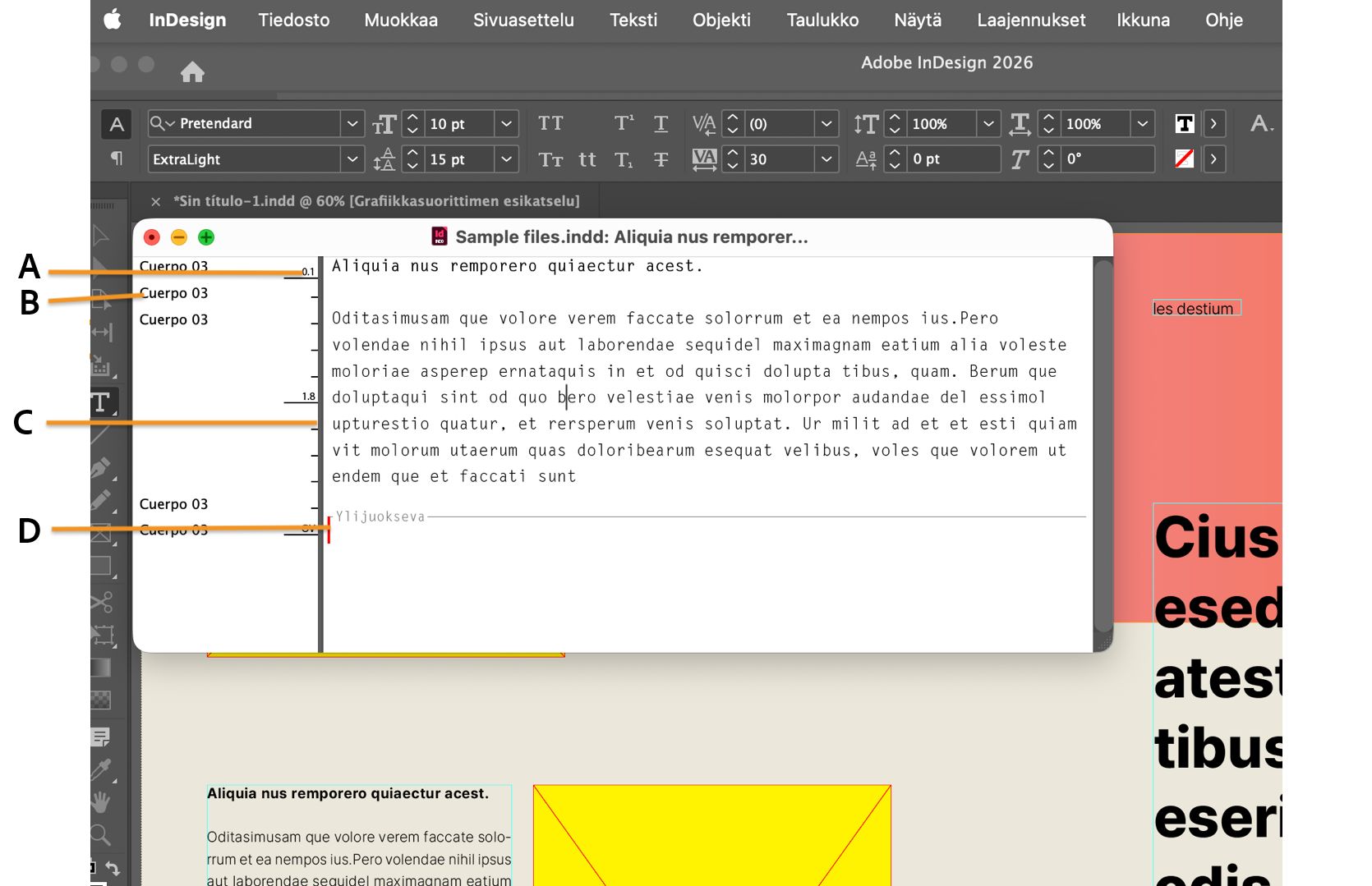 InDesign-työtila, jossa juttueditorin ikkuna on auki ja sen eri osat on merkitty selityksillä.