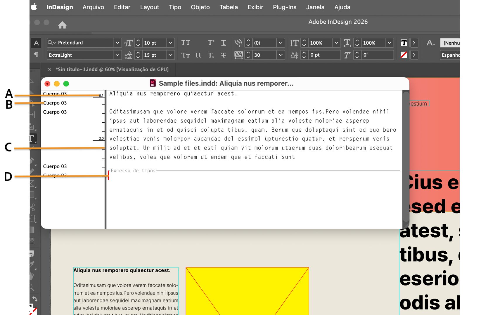 Espaço de trabalho do InDesign com a janela do Story Editor aberta e seus diferentes componentes indicados por legendas.