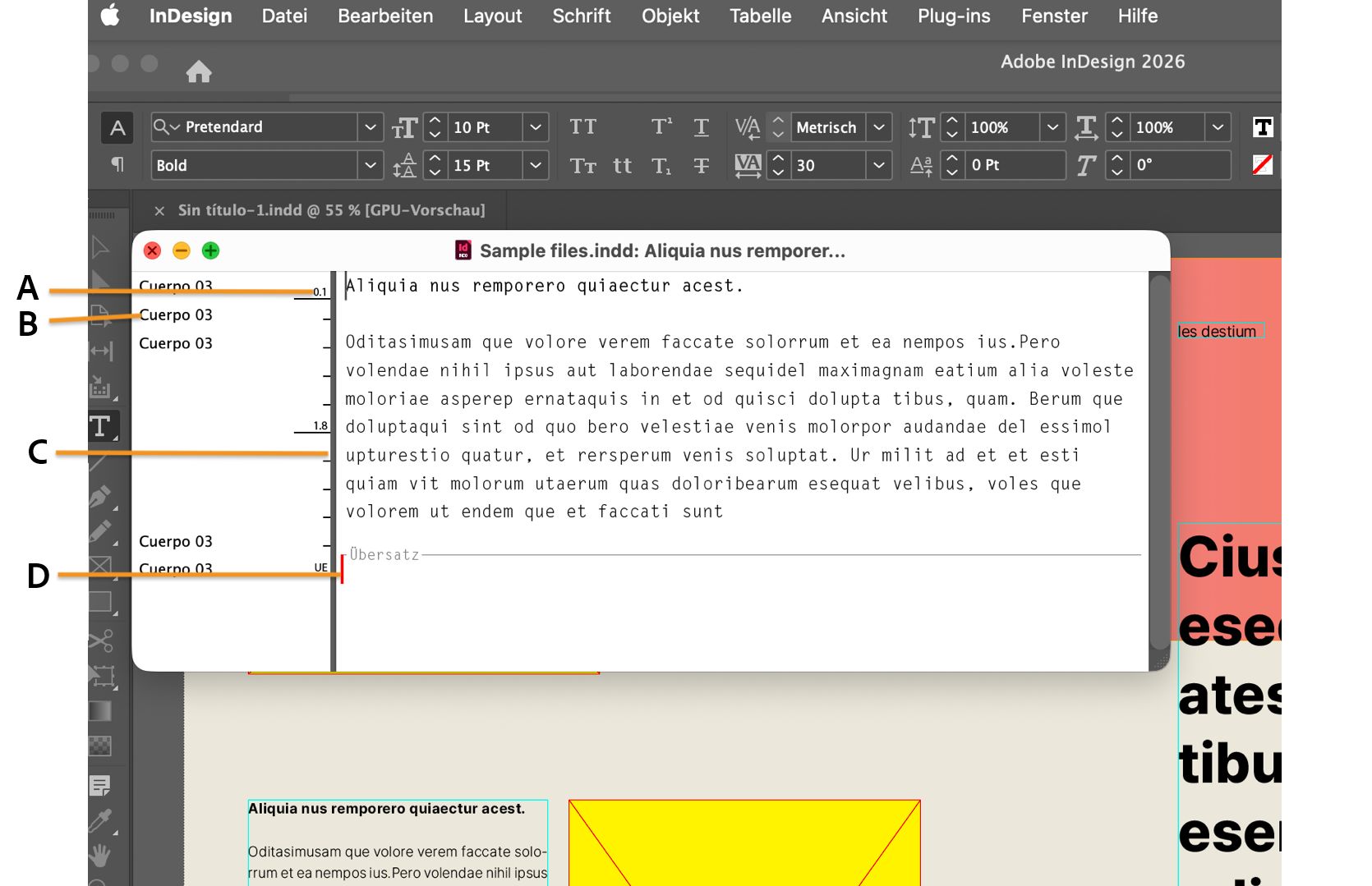 InDesign-Arbeitsbereich mit geöffnetem Story Editor-Fenster und seinen verschiedenen Komponenten, die durch Beschriftungen gekennzeichnet sind.
