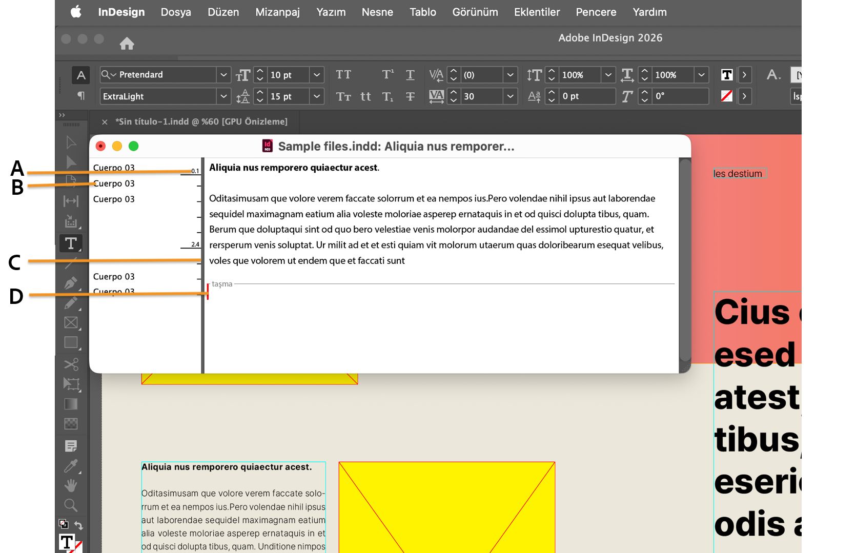 Hikaye Düzenleyici penceresi açık olan InDesign çalışma alanı ve çağrı açıklamalarıyla belirtilen farklı bileşenleri.