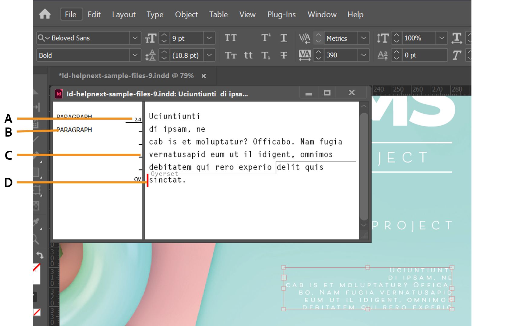 مساحة عمل InDesign مع نافذة محرر القصة مفتوحة ومكوناتها المختلفة مشار إليها بالتوضيحات.