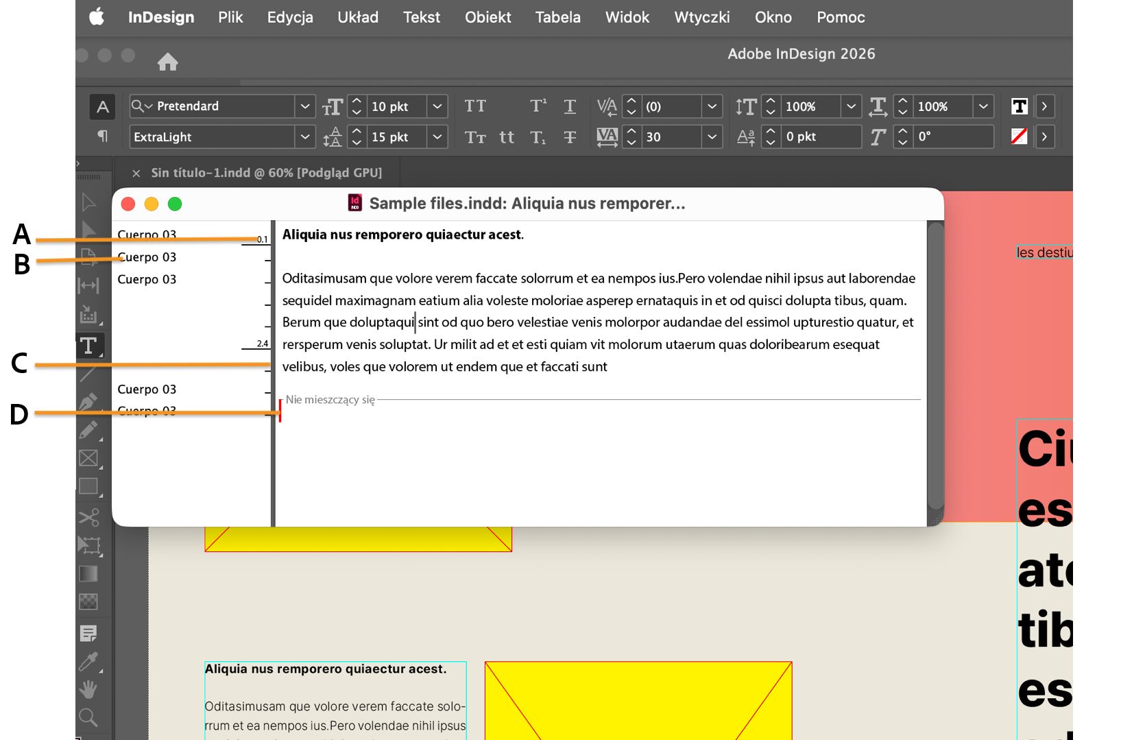 Przestrzeń programu InDesign z otwartym oknem edytora relacji i jego różnymi komponentami wskazanymi przez objaśnienia.
