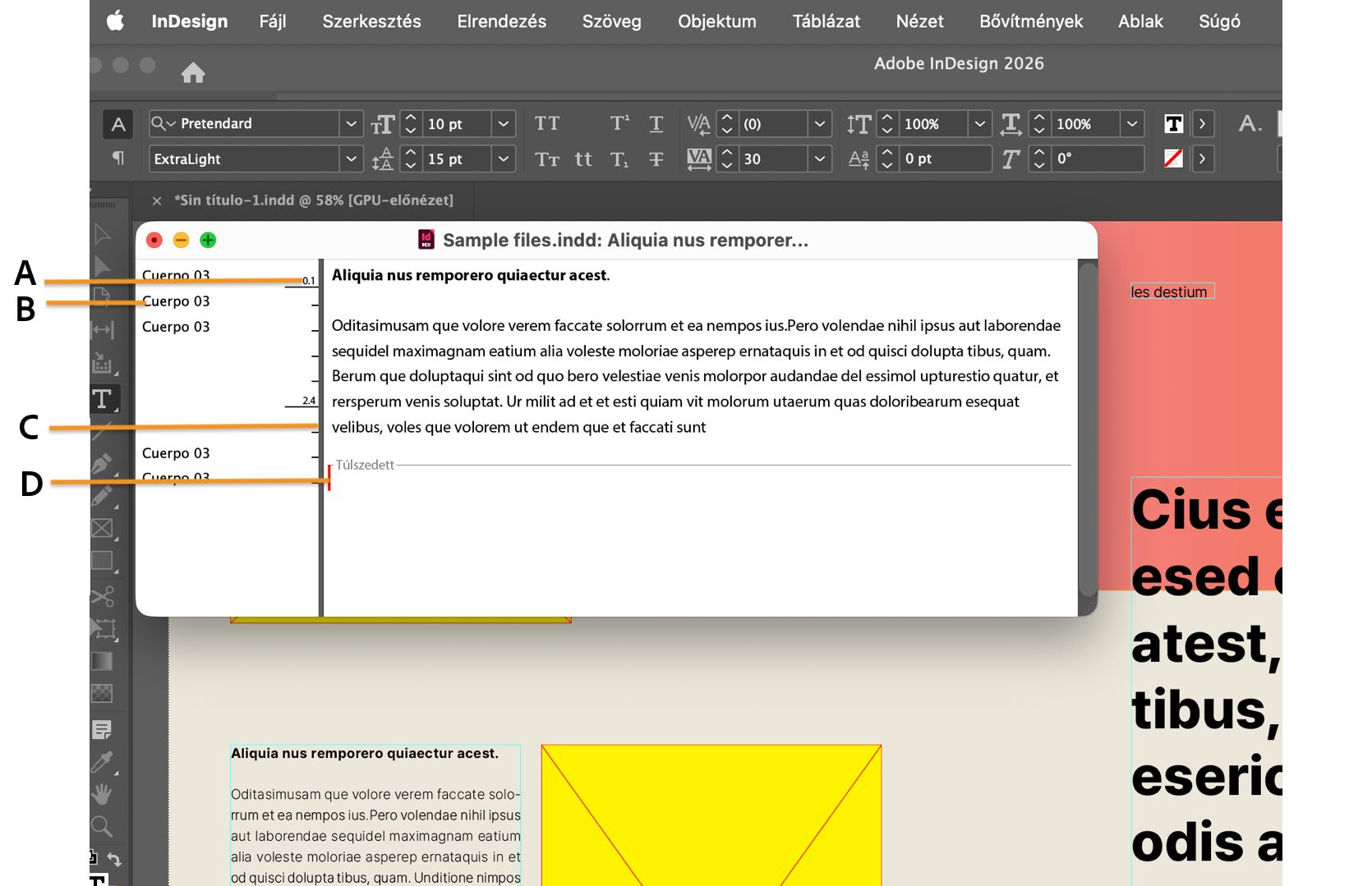 InDesign munkaterület megnyitott Story Editor ablakkal és annak különböző összetevőivel, amelyeket feliratok jeleznek.