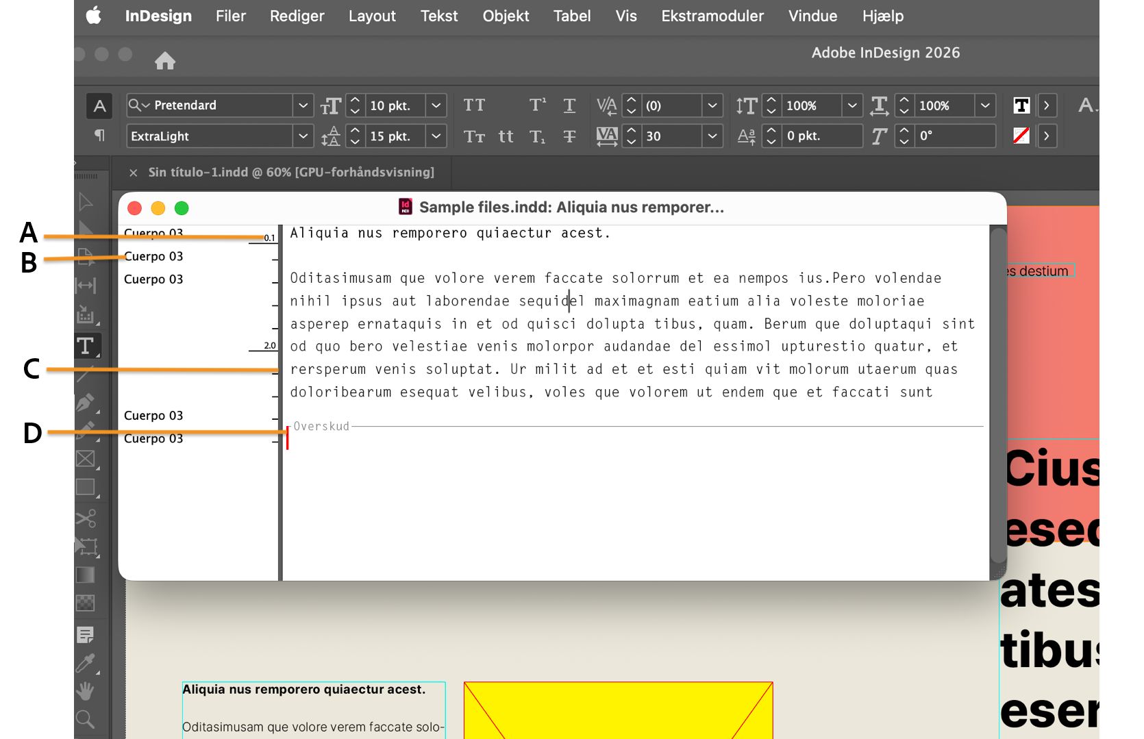 InDesign-arbejdsrum med Story Editor-vinduet åbent og dets forskellige komponenter angivet med forklarende tekster.