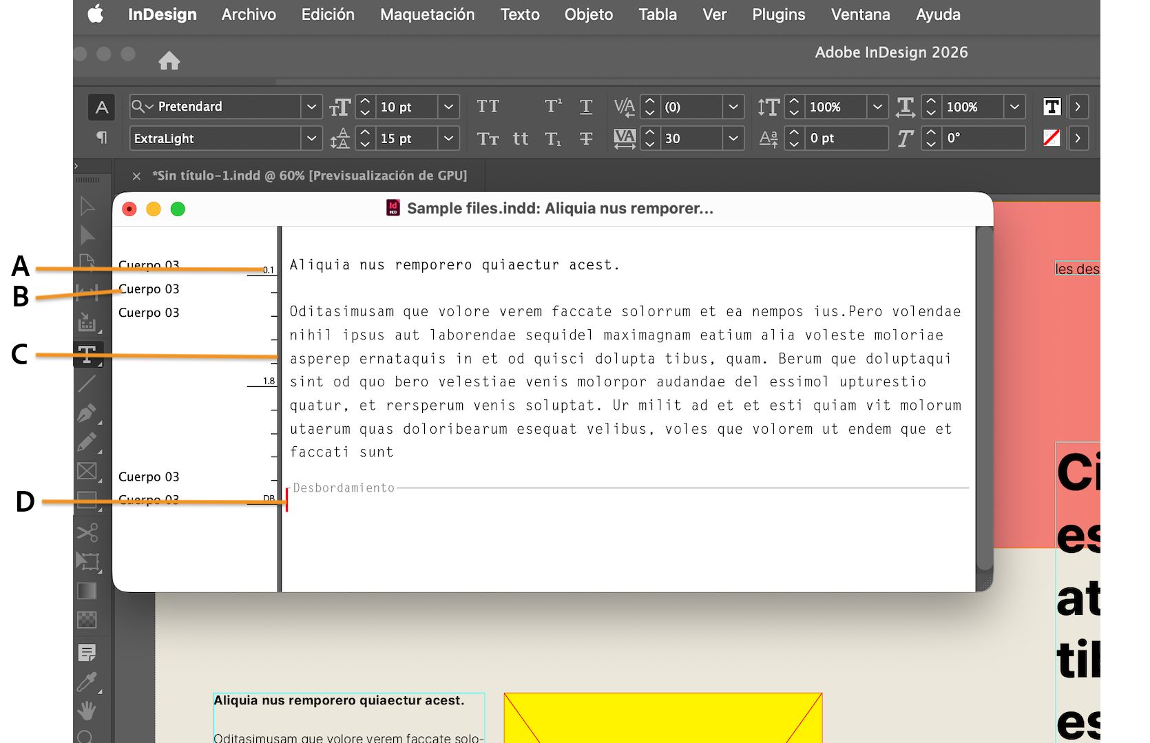 Espacio de trabajo de InDesign con la ventana del Editor de artículos abierta y sus diferentes componentes indicados por llamadas explicativas.