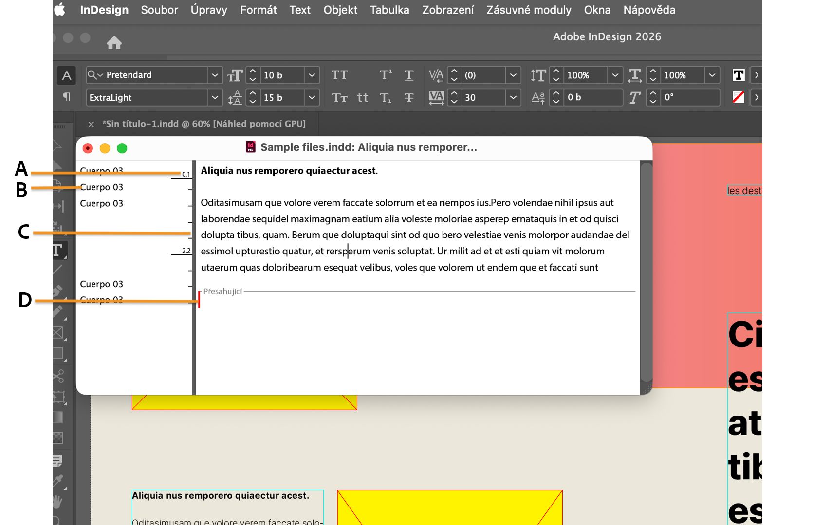 Pracovní plocha InDesign s otevřeným oknem Editoru příběhů a jeho různými komponenty označenými popisky.