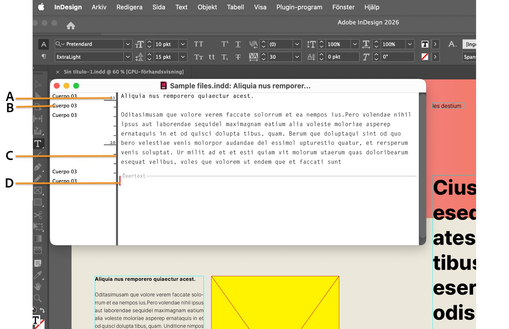 InDesign-arbetsyta med Story Editor-fönstret öppet och dess olika komponenter markerade med förklarande texter.