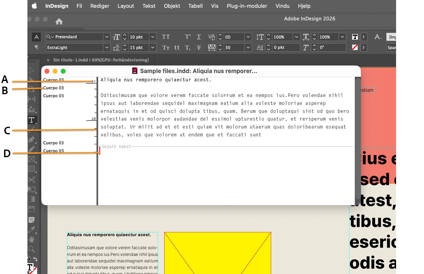 InDesign arbeidsområde med Story Editor-vinduet åpent og de forskjellige komponentene indikert med forklarende tekst.