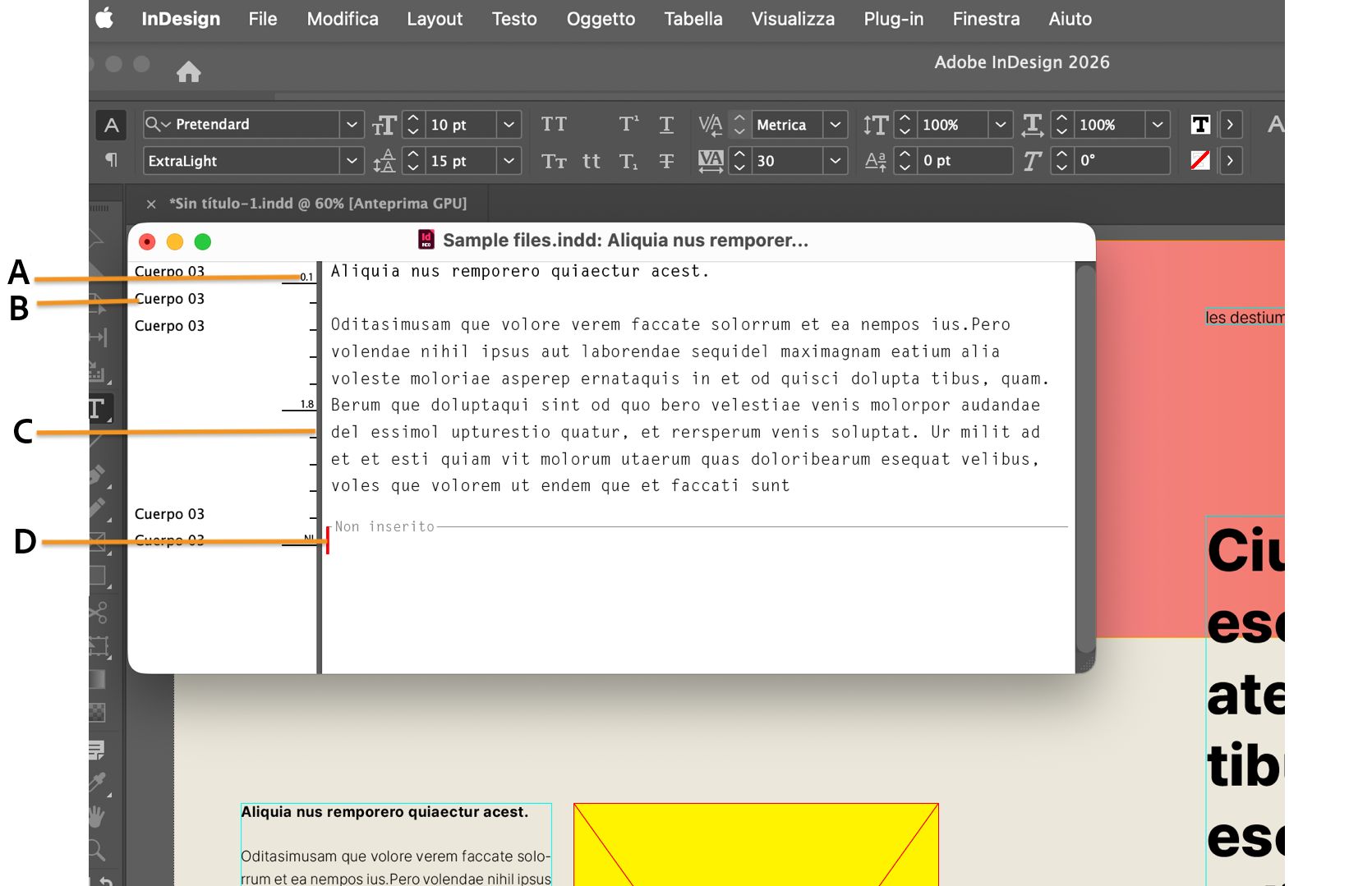 Area di lavoro InDesign con la finestra Story Editor aperta e i suoi diversi componenti indicati da callout.