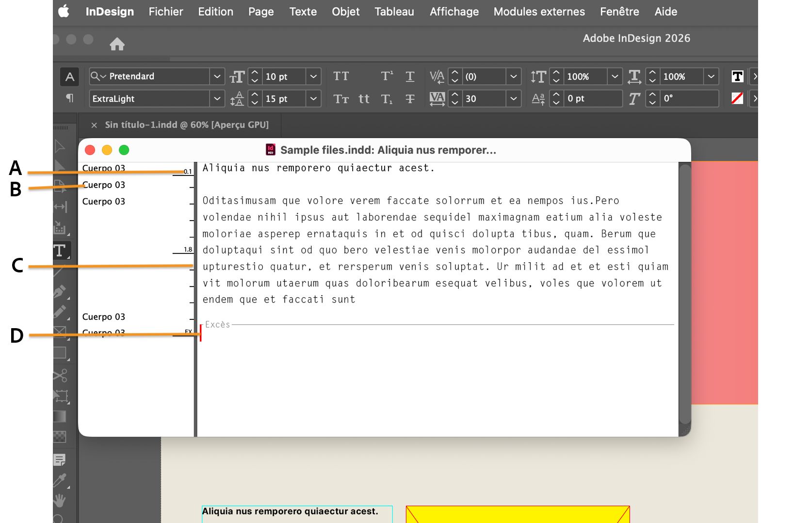 Espace de travail InDesign avec la fenêtre du mode éditeur ouverte et ses différents composants indiqués par des légendes.