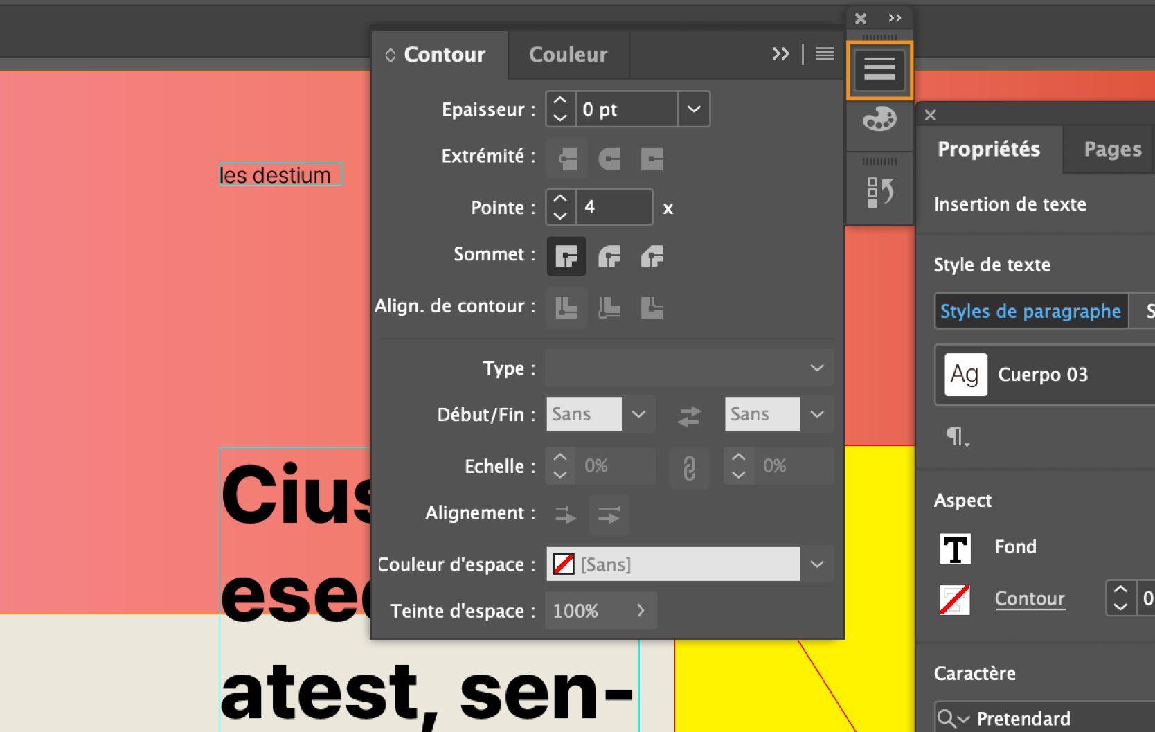 Espace de travail d’InDesign avec le panneau Contour développé et l’icône Contour sélectionnée et mise en surbrillance.
