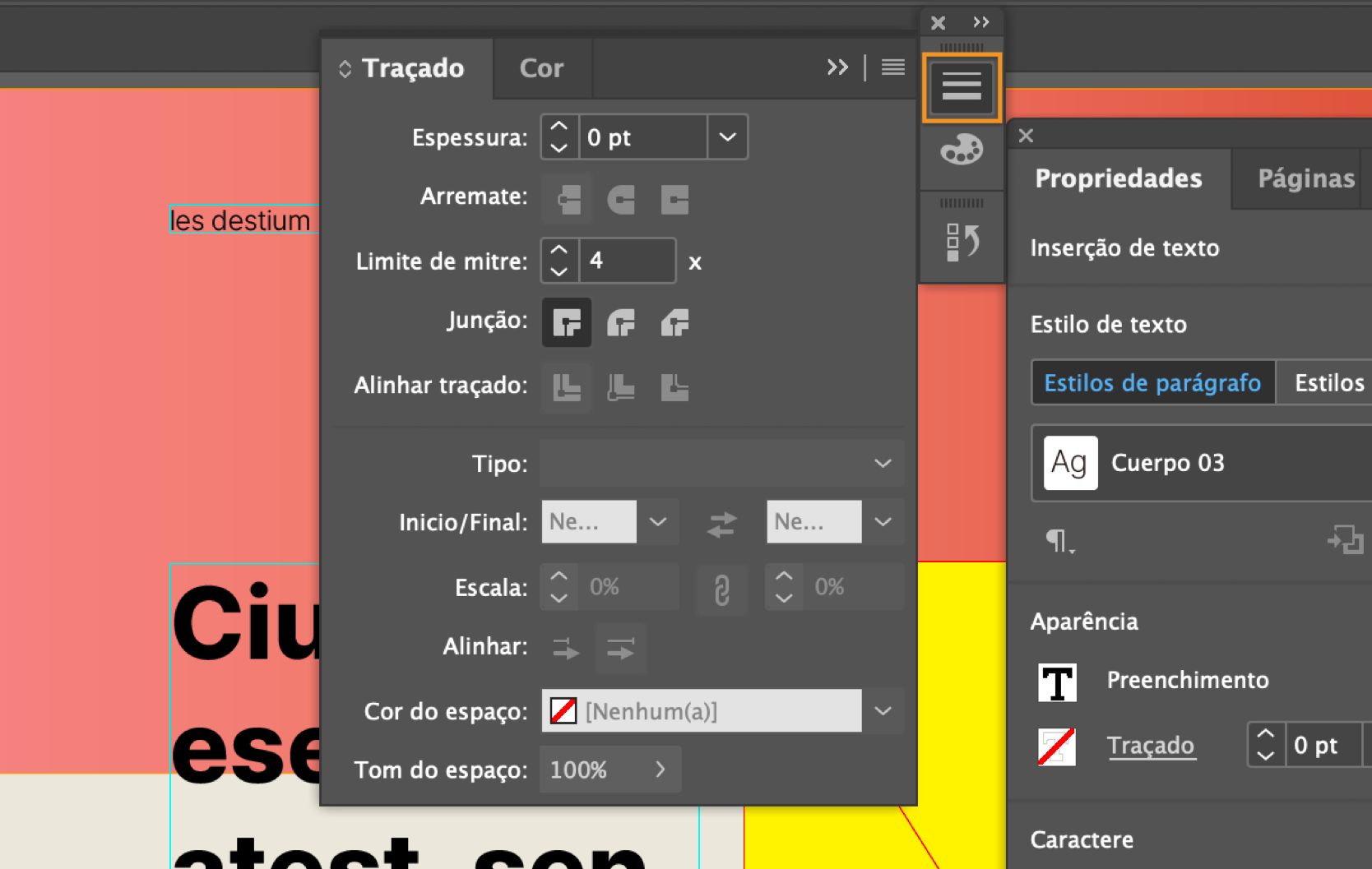 Espaço de trabalho do InDesign com o painel Traçado expandido e o ícone Traçado selecionado e destacado.