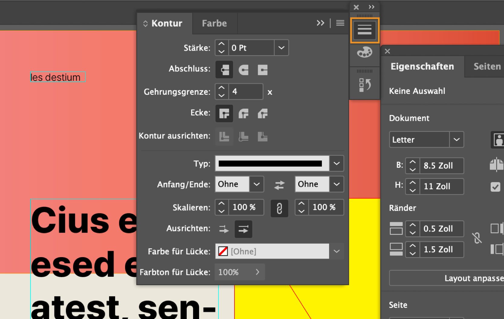 InDesign-Arbeitsbereich mit dem erweiterten Strich-Bedienfeld und dem ausgewählten und hervorgehobenen Strich-Symbol.