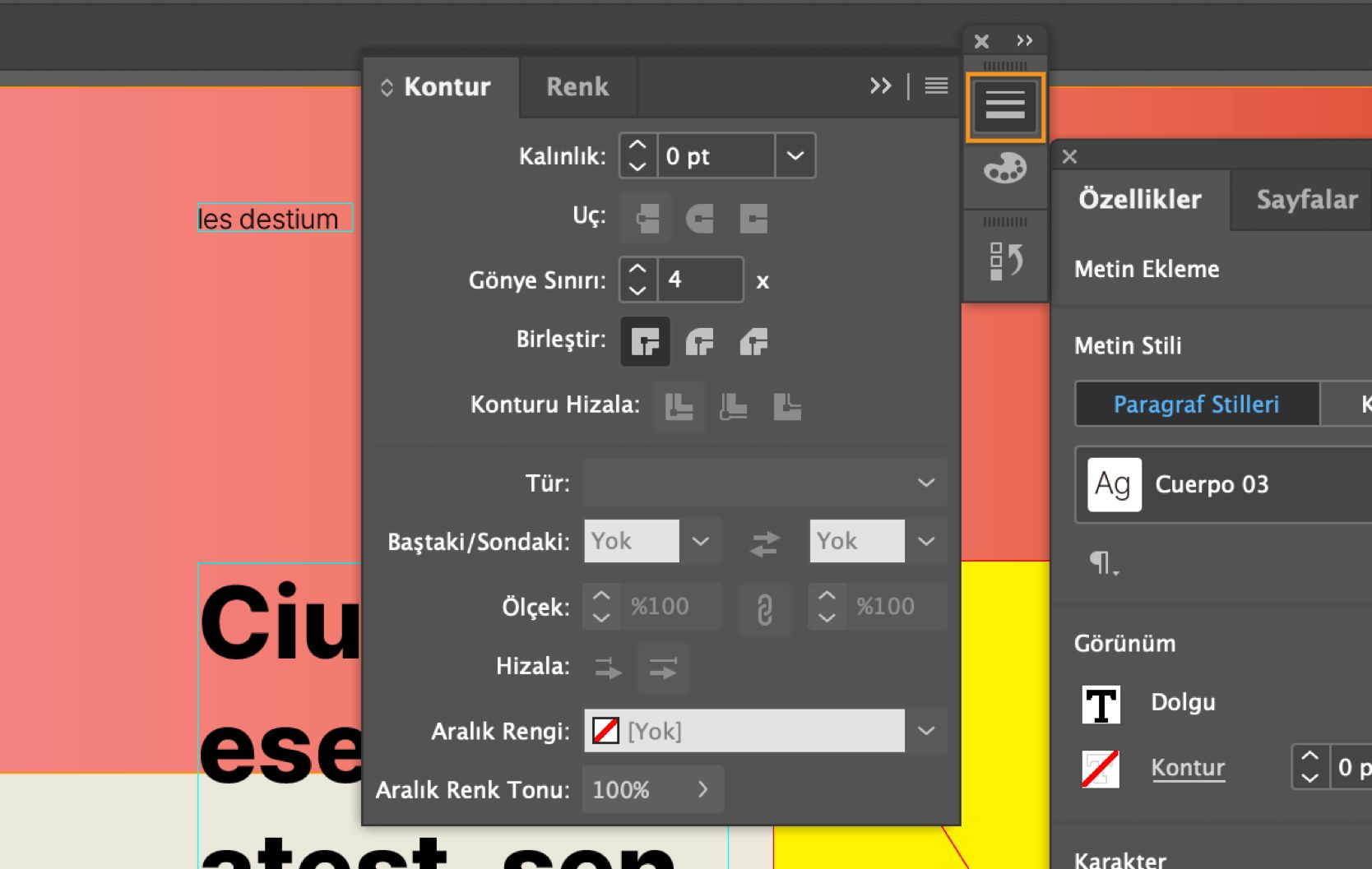 InDesign çalışma alanında Kontur paneli genişletilmiş ve Kontur simgesi seçili ve vurgulanmış durumda.