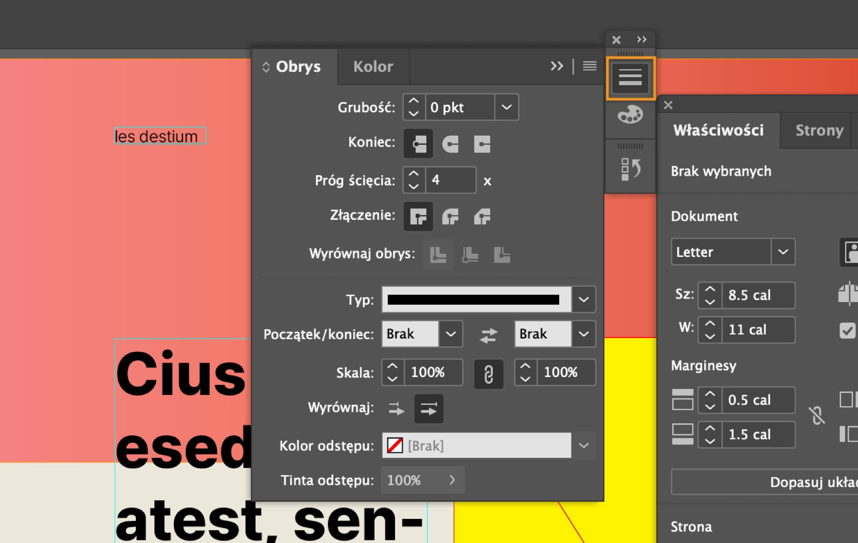 Przestrzeń robocza InDesign z rozwiniętym panelem Obrys i wybraną oraz podświetloną ikoną Obrys.