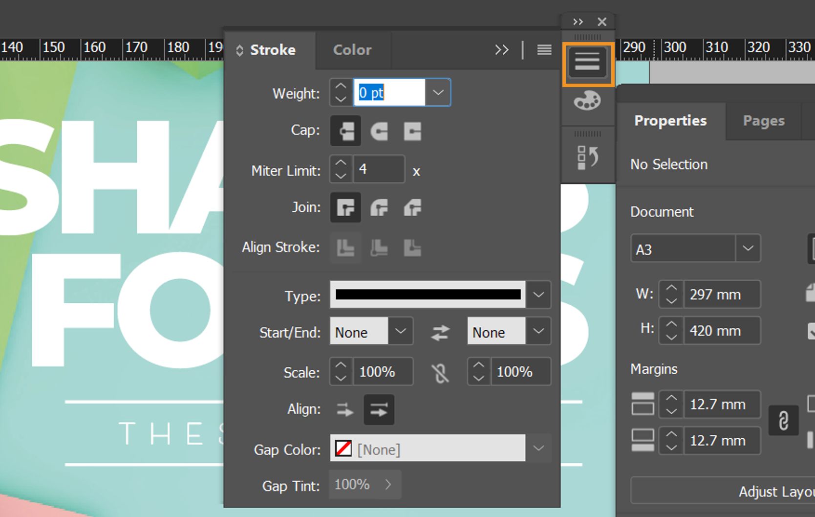 סביבת עבודה של InDesign עם לוח ה-Stroke מורחב ואייקון ה-Stroke נבחר ומודגש.