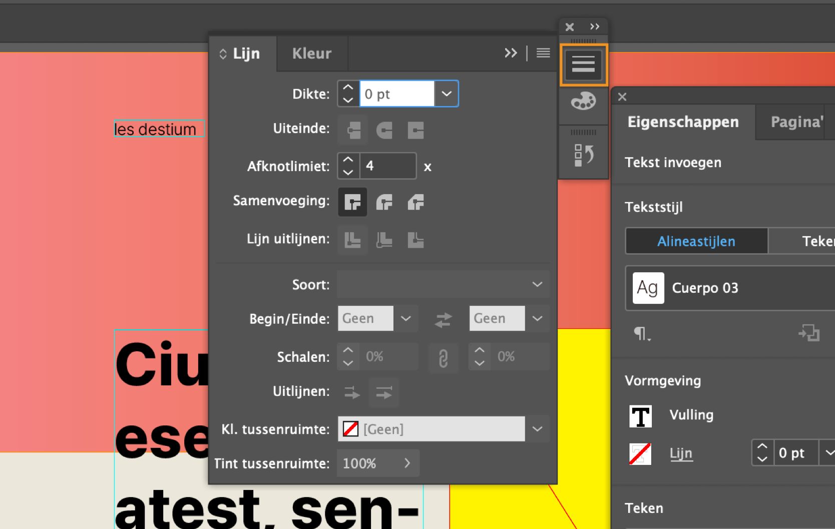 InDesign werkruimte met het paneel Lijn uitgeklapt en het pictogram Lijn geselecteerd en gemarkeerd.