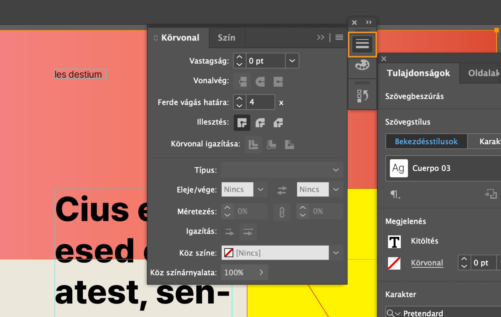 InDesign munkaterület kiterjesztett Stroke panellel és kiválasztott, valamint kiemelt Stroke ikonnal.