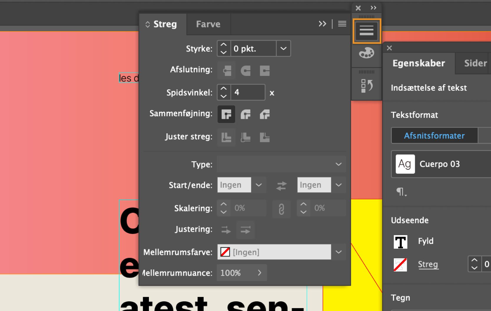 InDesign arbejdsrum med Strøg-panelet udvidet og Strøg-ikonet valgt og fremhævet.