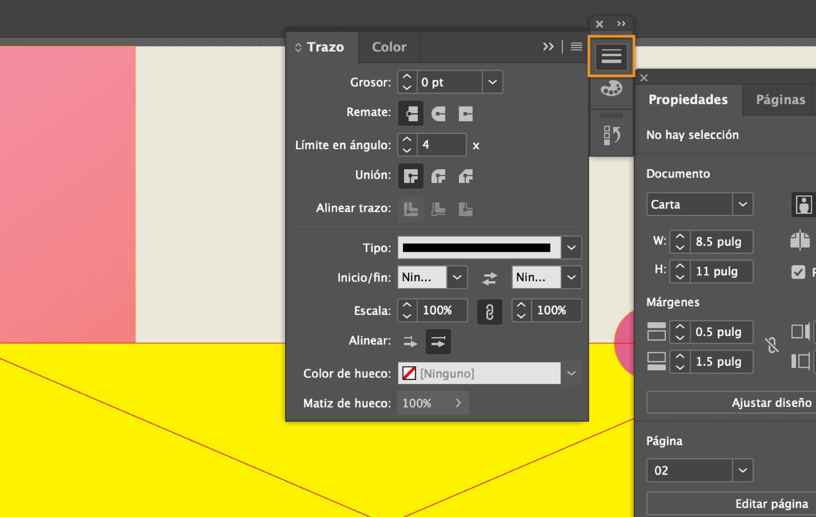 Espacio de trabajo de InDesign con el panel Trazo expandido y el icono Trazo seleccionado y resaltado.