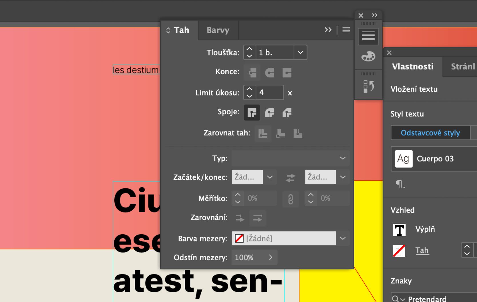 Pracovní plocha aplikace InDesign s rozbaleným panelem Tah a vybranou a zvýrazněnou ikonou Tah.